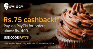 Swiggy Get  cb on orders worth Rs  via Paytm