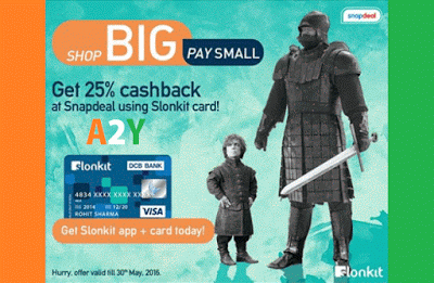 snapdeal  cashback via slonkit cards offer