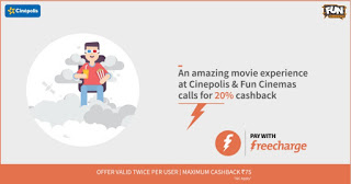 Freecharge Get  cb on paying via FC wallet at Cinepolis and Fun Cinemas looy